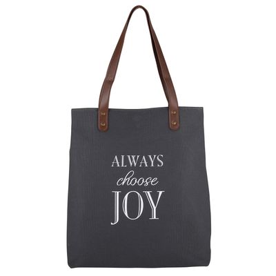 Creative Brands Joyful Expressions Charcoal Grey Canvas & Leather Tote, 13.5 x 16-Inch, Always Choose Joy
