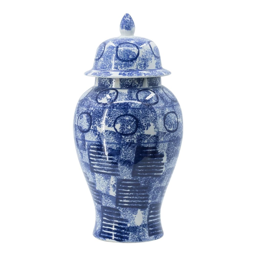 A&B Home Ginger Jar with Abstract Pattern and Handled Lid - 20" - Blue, White Finish