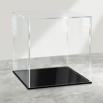 LANSCOERY Acrylic Display Case, 4.7 x 4.7 x 4.7 in Clear Display Box with 2mm Panels, Black Base, LED String Light Accessory for Small Collectibles and Mini Figures