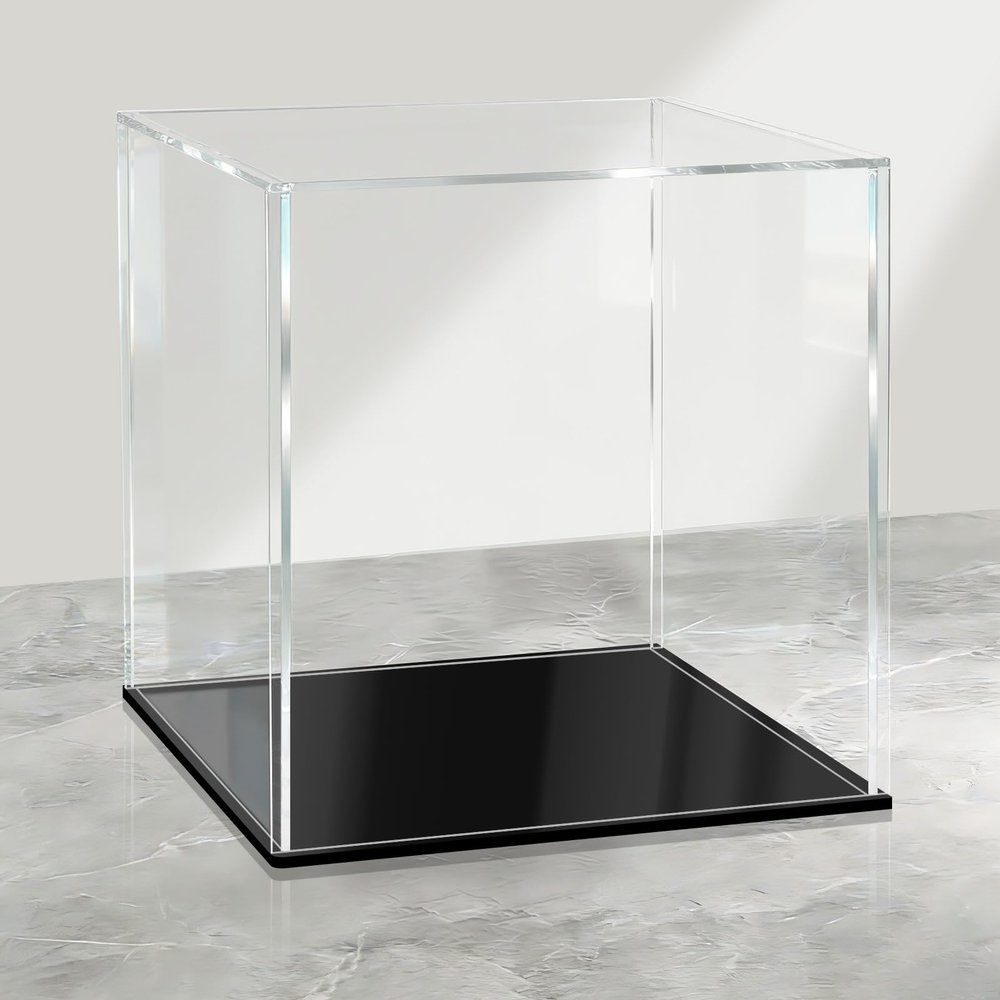 LANSCOERY Acrylic Display Case, 4.7 x 4.7 x 4.7 in Clear Display Box with 2mm Panels, Black Base, LED String Light Accessory for Small Collectibles and Mini Figures