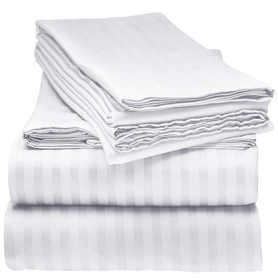 Comfort Bed Store 800 Series Organic Cotton Elegant Damask Dobby Stripped 25 inches 4 PC Sheet Set (1 Flat Sheet, 1 Fitted Sheet, 2 Pillowcases) Soft & Easy Care, White, OLY. Queen