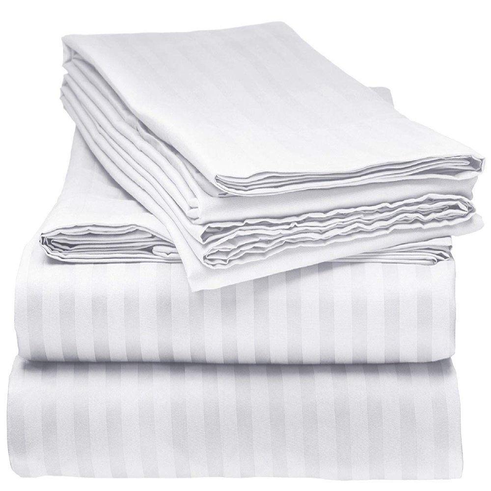 Comfort Bed Store 800 Series Organic Cotton Elegant Damask Dobby Stripped 25 inches 4 PC Sheet Set (1 Flat Sheet, 1 Fitted Sheet, 2 Pillowcases) Soft & Easy Care, White, OLY. Queen