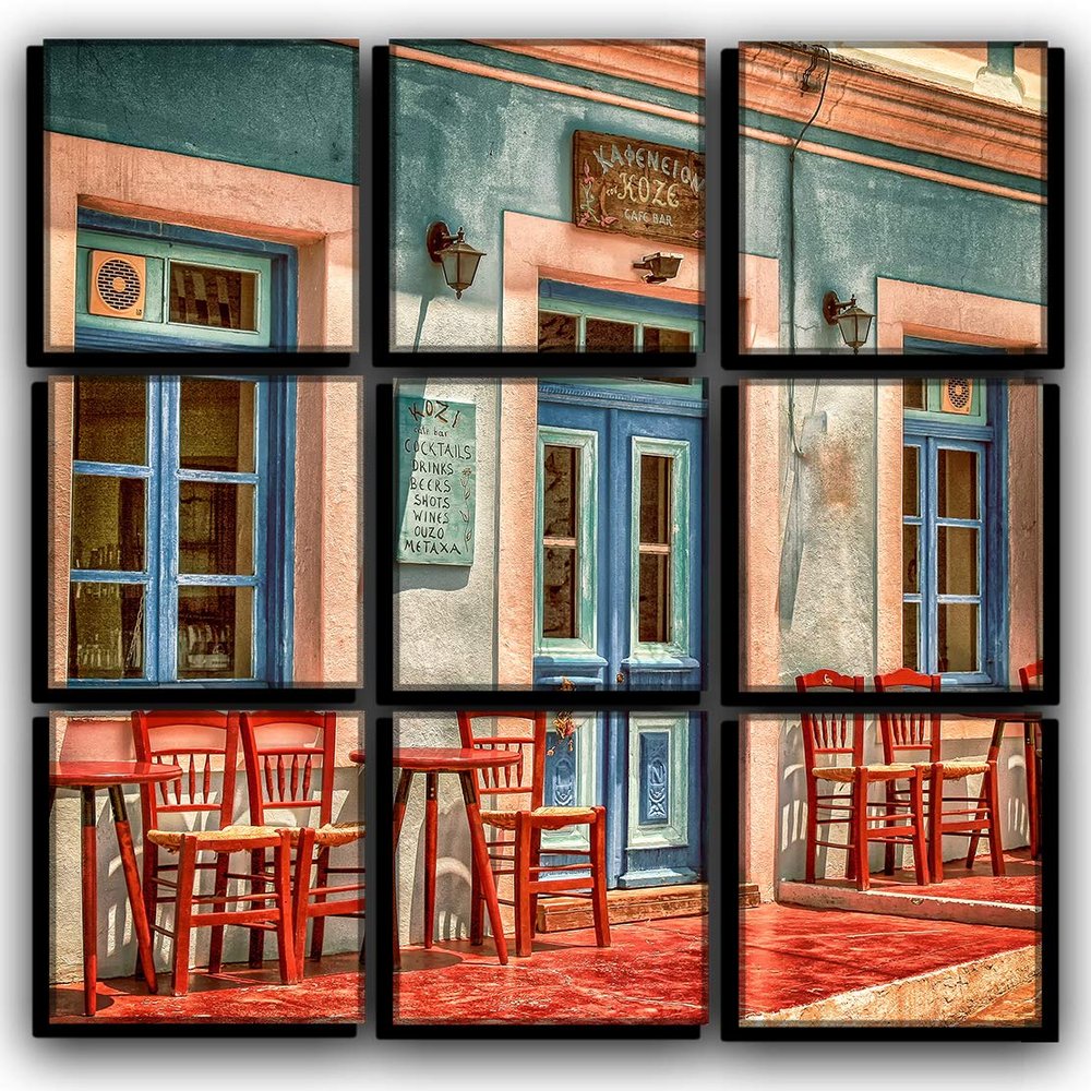 Big 9 Piece A Caf in Greece Wall Art Decor Picture Painting Poster Print on Canvas Panels Pieces - Cityscape Theme Wall Decoration Set - High Noon Wall Picture for Living Room 30 by 30 in
