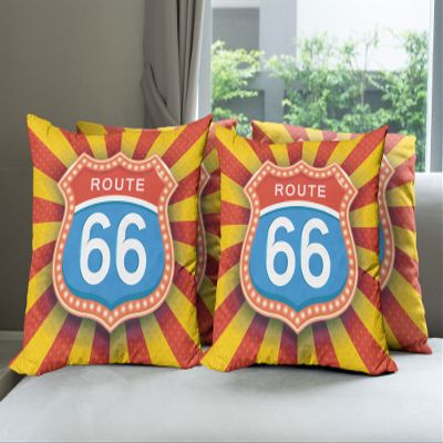 Lunarable Route 66 Decorative Throw Pillow Case Pack of 4, Famous American Road Trip Destination Signboard in Retro Style Arizona Graphic, Cushion Cover for Couch Living Room Car, 24", Multicolor