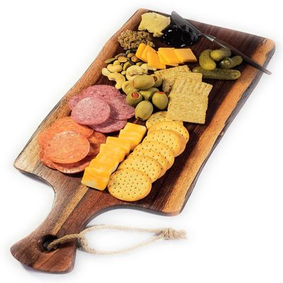 Acacia Charcuterie Board with Natural Live Edge & Handle - Wood Cheese Board - Decorative Wooden Serving & Cutting Board - Housewarming, Mothers Day, New Home & Wedding Gifts (18 x 8)