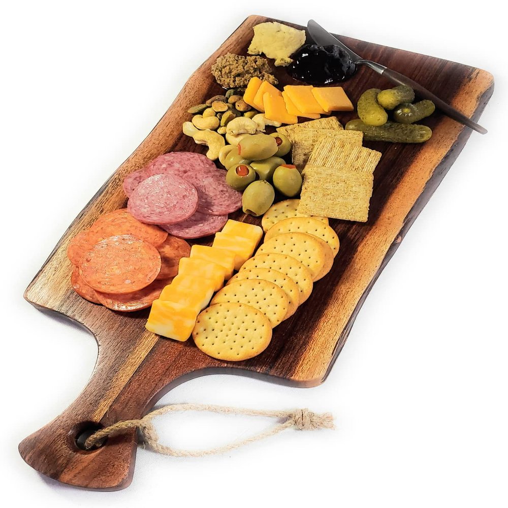Acacia Charcuterie Board with Natural Live Edge & Handle - Wood Cheese Board - Decorative Wooden Serving & Cutting Board - Housewarming, Mothers Day, New Home & Wedding Gifts (18 x 8)