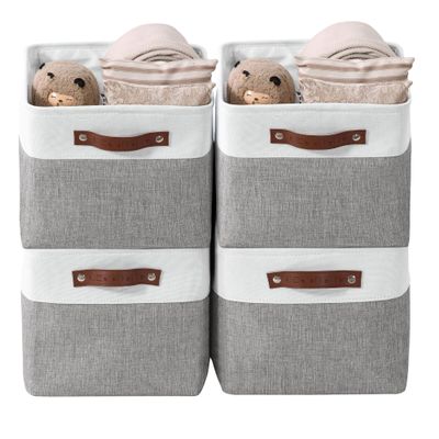 DECOMOMO Storage Baskets for Shelves - Fabric Storage Bins, Linen Closet Organizers and Storage (Grey & White, Large - 4 Pack)