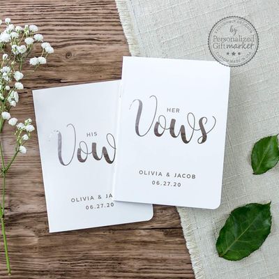 Custom Vow Book Wedding Vows Personalized Renewal His Her Bride Groom Ceremony Notebooks White Silver Foil - Set of 2 Books