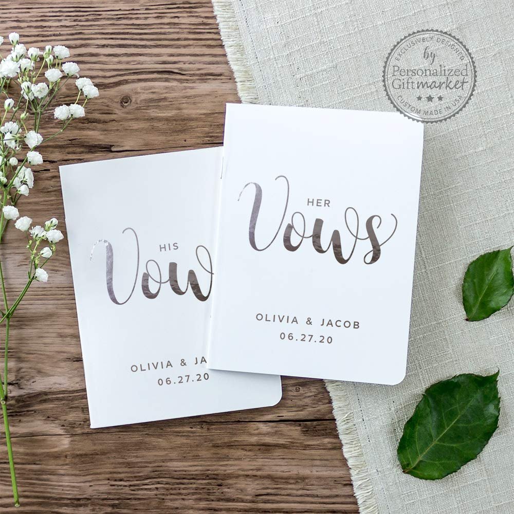 Custom Vow Book Wedding Vows Personalized Renewal His Her Bride Groom Ceremony Notebooks White Silver Foil - Set of 2 Books