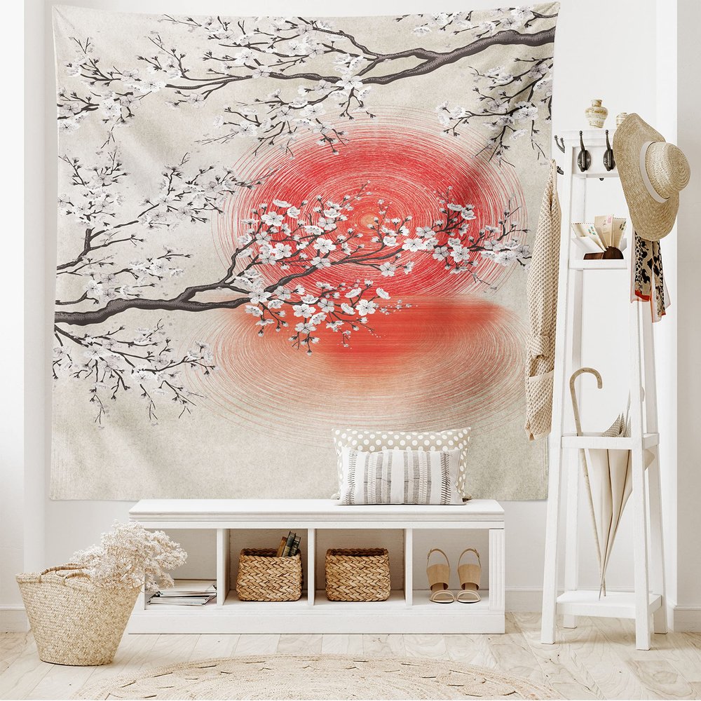 Ambesonne Cherry Blossom Tapestry, Japanese Folkloric Themed Sakura Tree, Wide Wall Hanging for Bedroom Living Room Dorm, 80" X 60", Grey Yellow Dark Coral