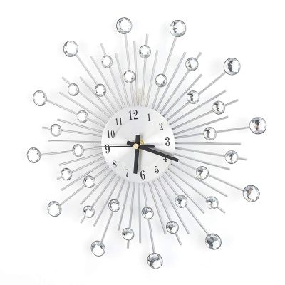 11.81 inch 3D Crystal Wall Clock Sparkling Bling -Studded Silver Wall Clock Modern Fashion Round Design Metal Digital Needle Wall Decor for Kitchen Living Room Bedroom