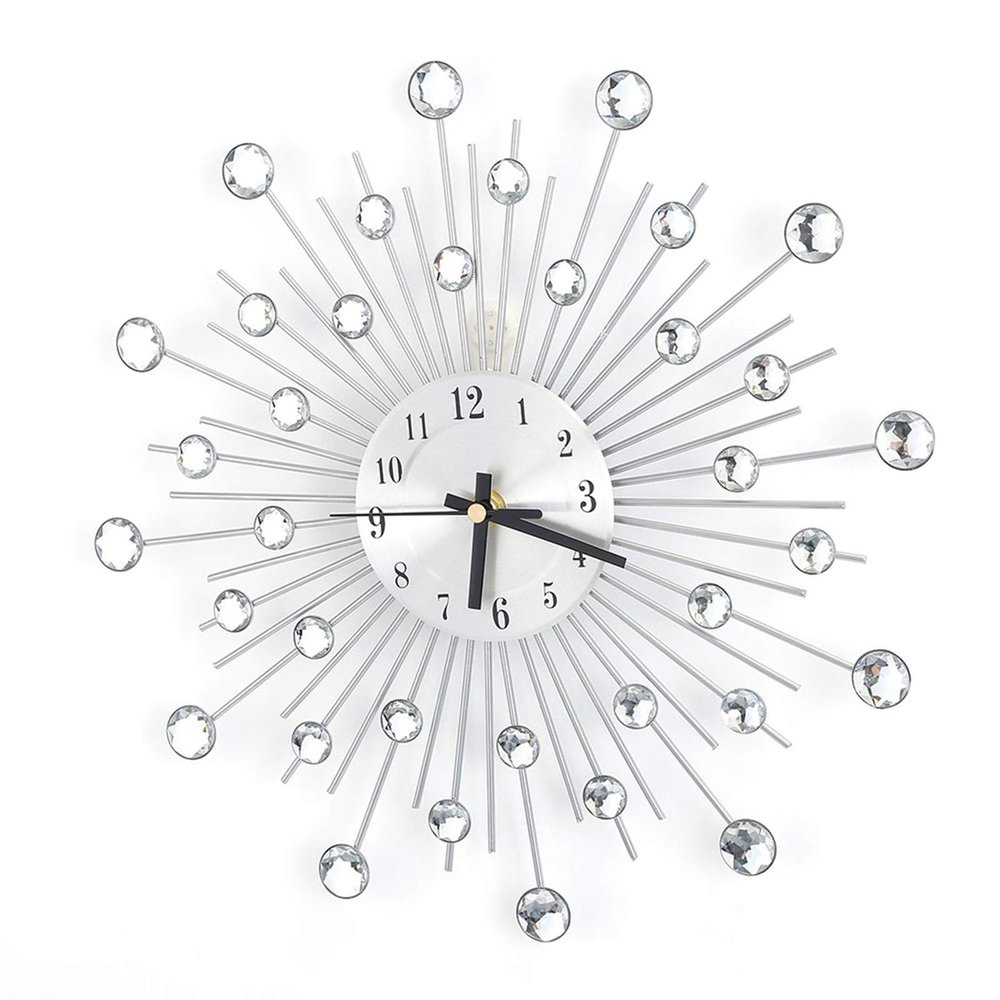 11.81 inch 3D Crystal Wall Clock Sparkling Bling -Studded Silver Wall Clock Modern Fashion Round Design Metal Digital Needle Wall Decor for Kitchen Living Room Bedroom