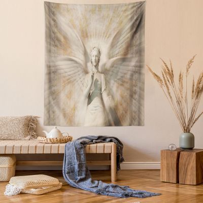 Ambesonne Retro Tapestry, Angel Woman in Medieval Site Vintage Style Mythical Design, Wall Hanging for Bedroom Living Room Dorm Decor, 60" X 80", Yellow White