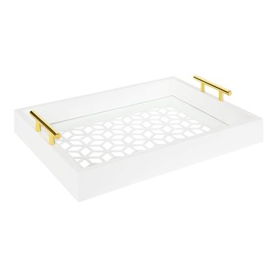 Kate and Laurel Caspen Rectangle Cut Out Pattern Decorative Tray with Gold Metal Handles, 16.5" x12.25", White and Gold