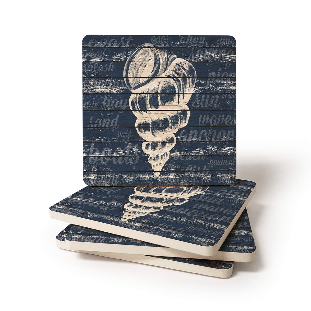 CoasterStone Absorbent Coaster Drinks Coastal Wonder Seashells, 4.25 Inches Wide, Set of Four