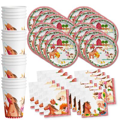 Barnyard Farm Animals Vintage Birthday Party Supplies Set Plates Napkins Cups Tableware Kit for 16