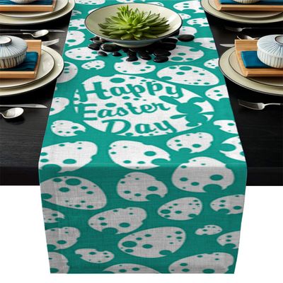 Linen Burlap Table Runner Happy Easter Day Table Runners 16x72 inches Washable Fabric Tablerunner Table Top Decoration Tapestry for Indoor Outdoor Events - Easter Eggs Spring Festival Teal White