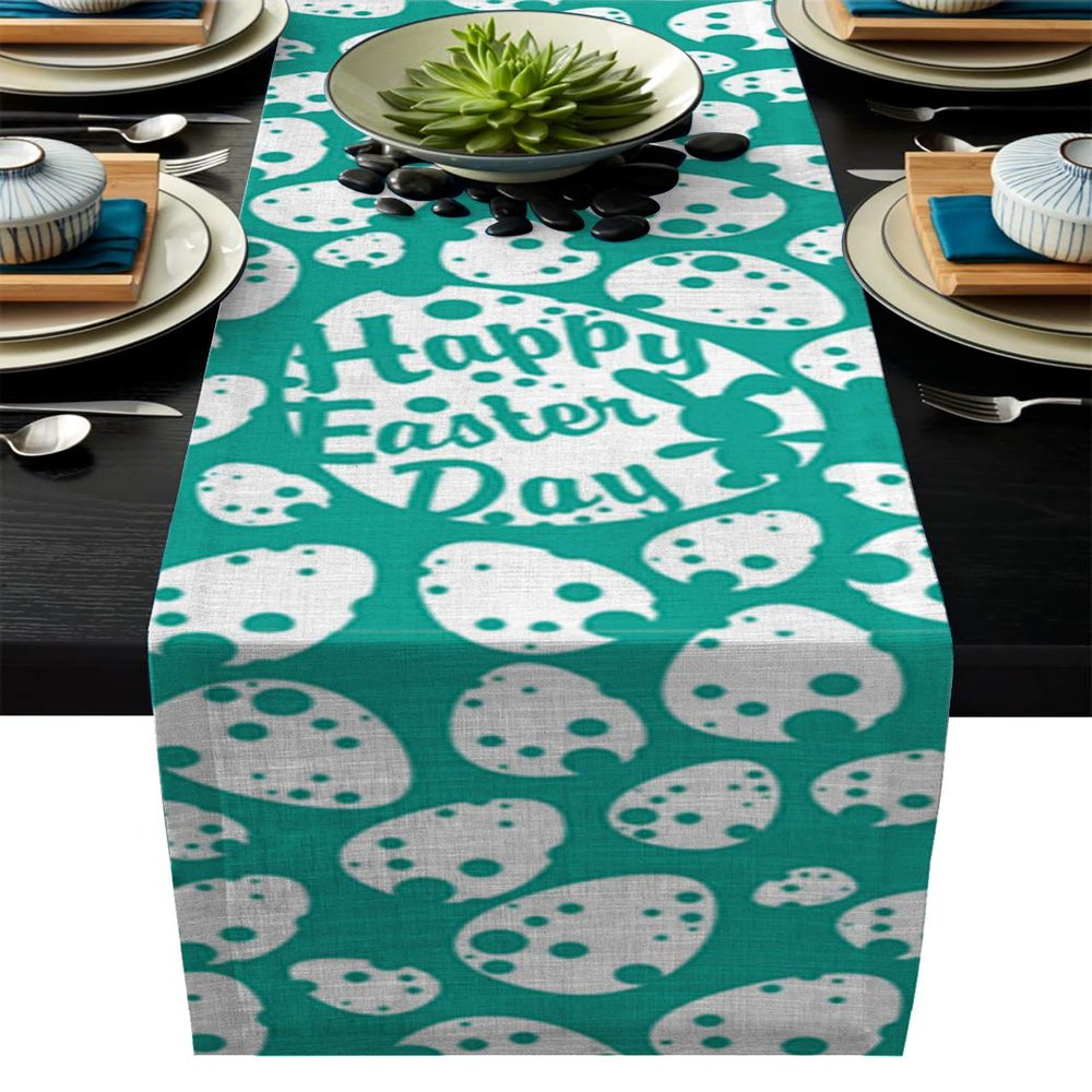 Linen Burlap Table Runner Happy Easter Day Table Runners 16x72 inches Washable Fabric Tablerunner Table Top Decoration Tapestry for Indoor Outdoor Events - Easter Eggs Spring Festival Teal White