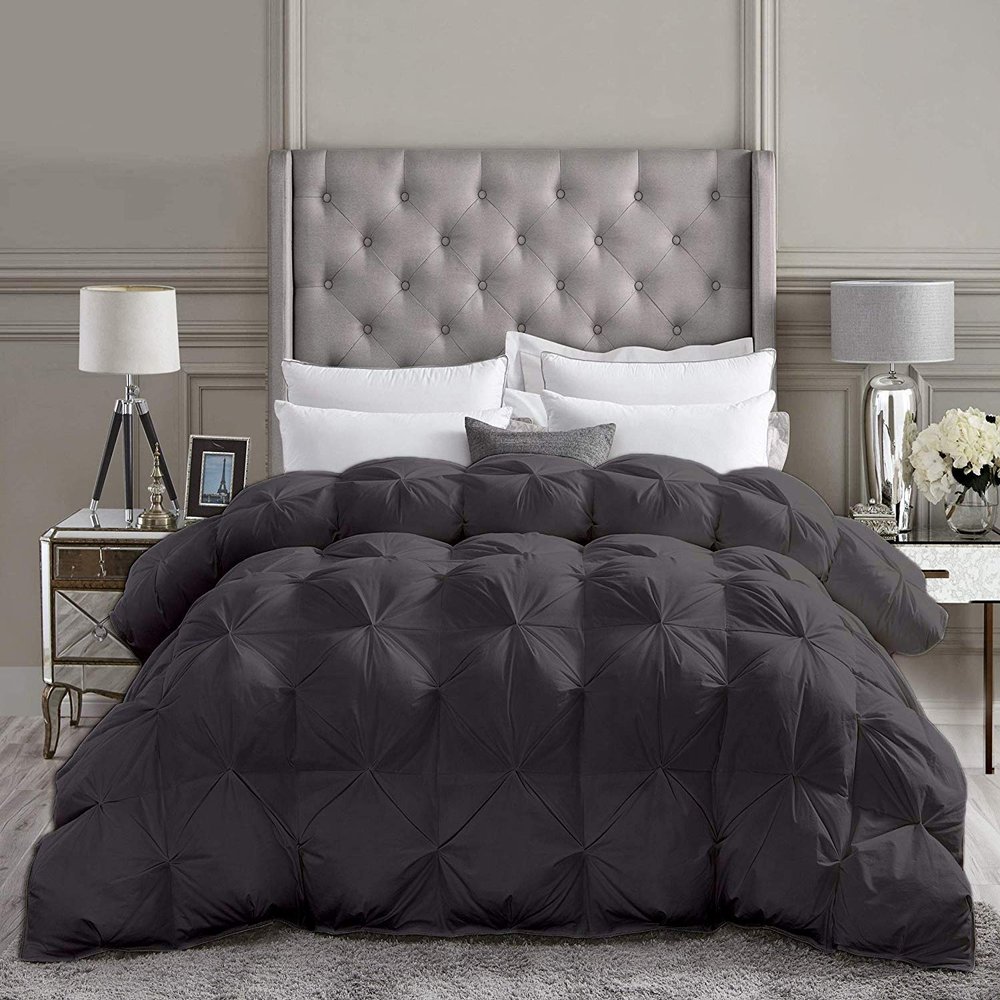All-Season Luxury - Pintuck Style 100% Organic Cotton King Size 102 x 90 Inches 3-Piece Pinch Pleat Comforter with 4 Corner Tabs, 500 GSM - Machine Washable (Dark Gray Solid)