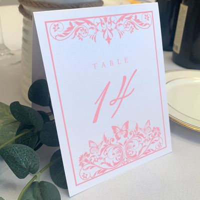 Butterfly Flourish Wedding Table Numbers (Select Color/Quantity), White, Pink, 1-65, Double Sided, Tent or Use in a Stand, Great for Parties & Restaurants - Made in the USA