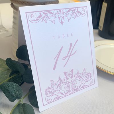 Butterfly Flourish Wedding Table Numbers (Select Color/Quantity), White, Lavender, 1-45, Double Sided, Tent or Use in a Stand, Great for Parties & Restaurants