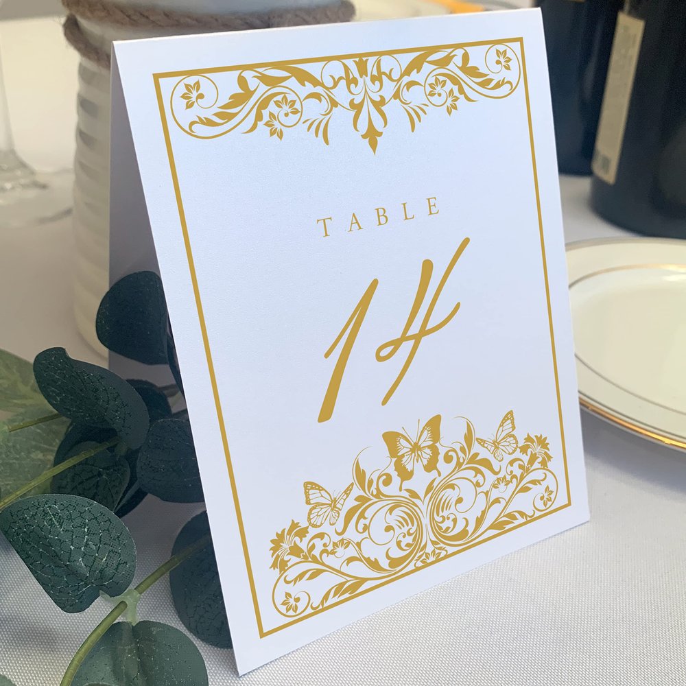 Butterfly Flourish Wedding Table Numbers (Select Color/Quantity), White, Gold, 1-100, Double Sided, Tent or Use in a Stand, Great for Parties & Restaurants