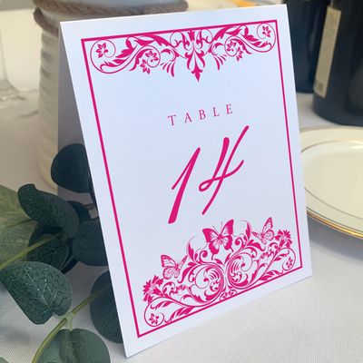 Butterfly Flourish Wedding Table Numbers (Select Color/Quantity), White, Fuschia, 1-70, Double Sided, Tent or Use in a Stand, Great for Parties & Restaurants