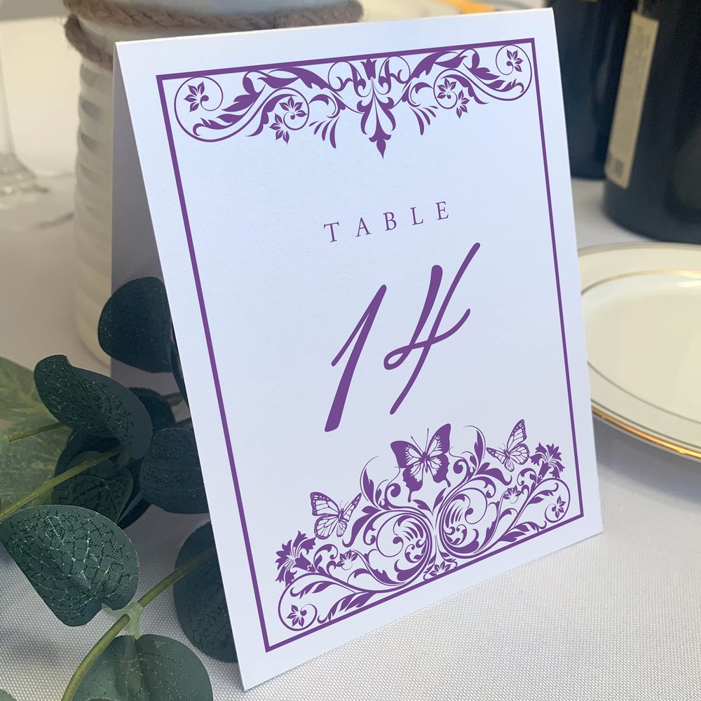 Butterfly Flourish Wedding Table Numbers (Select Color/Quantity), White, Purple, 1-80, Double Sided, Tent or Use in a Stand, Great for Parties & Restaurants