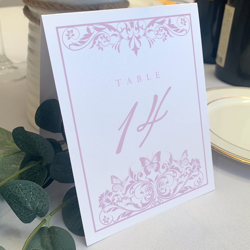 Butterfly Flourish Wedding Table Numbers (Select Color/Quantity), White, Lavender, 1-65, Double Sided, Tent or Use in a Stand, Great for Parties & Restaurants