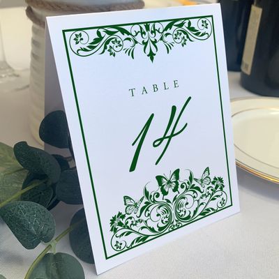 Butterfly Flourish Wedding Table Numbers (Select Color/Quantity), White, Hunter Green, 1-65, Double Sided, Tent or Use in a Stand, Great for Parties & Restaurants