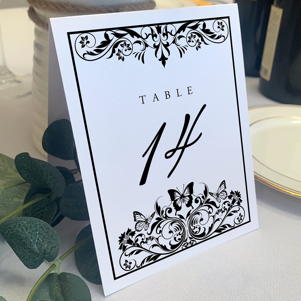 Butterfly Flourish Wedding Table Numbers (Select Color/Quantity), White, Black, 1-65, Double Sided, Tent or Use in a Stand, Great for Parties & Restaurants