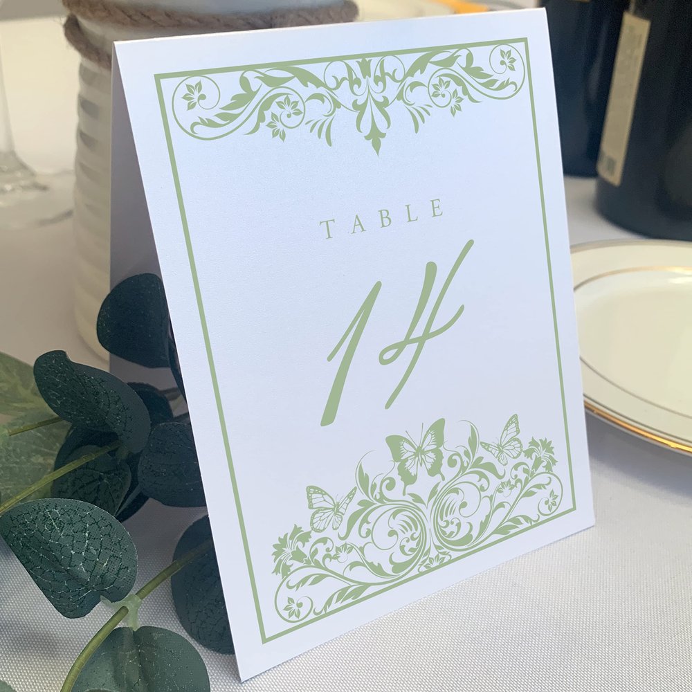 Butterfly Flourish Wedding Table Numbers (Select Color/Quantity), White, Sage, 1-75, Double Sided, Tent or Use in a Stand, Great for Parties & Restaurants - Made in the USA