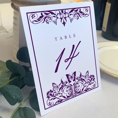 Butterfly Flourish Wedding Table Numbers (Select Color/Quantity), White, Eggplant, 1-80, Double Sided, Tent or Use in a Stand, Great for Parties & Restaurants