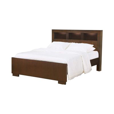 Benjara 3 Open Bookcase Queen King Size Bed with Soft Light, Brown