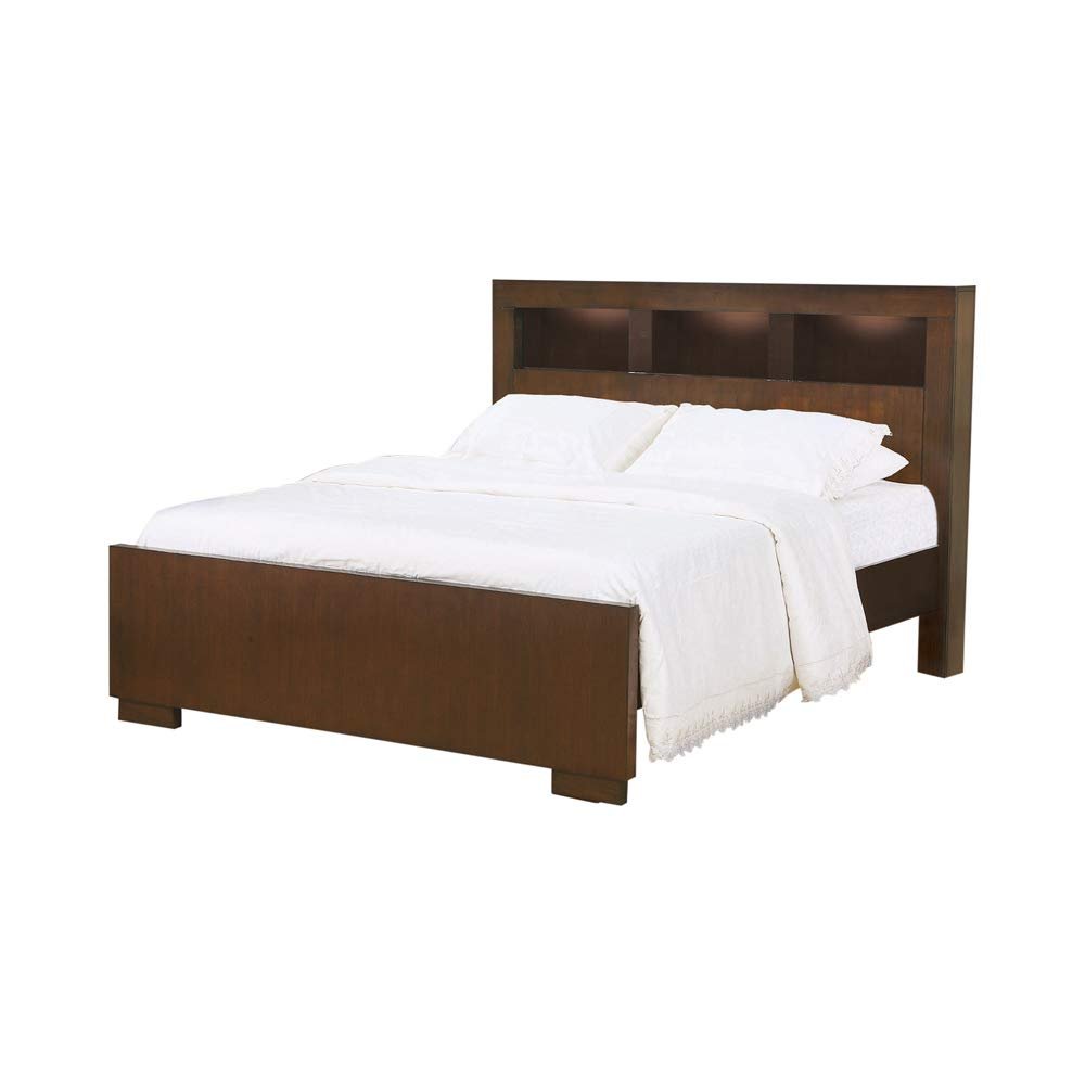 Benjara 3 Open Bookcase Queen King Size Bed with Soft Light, Brown