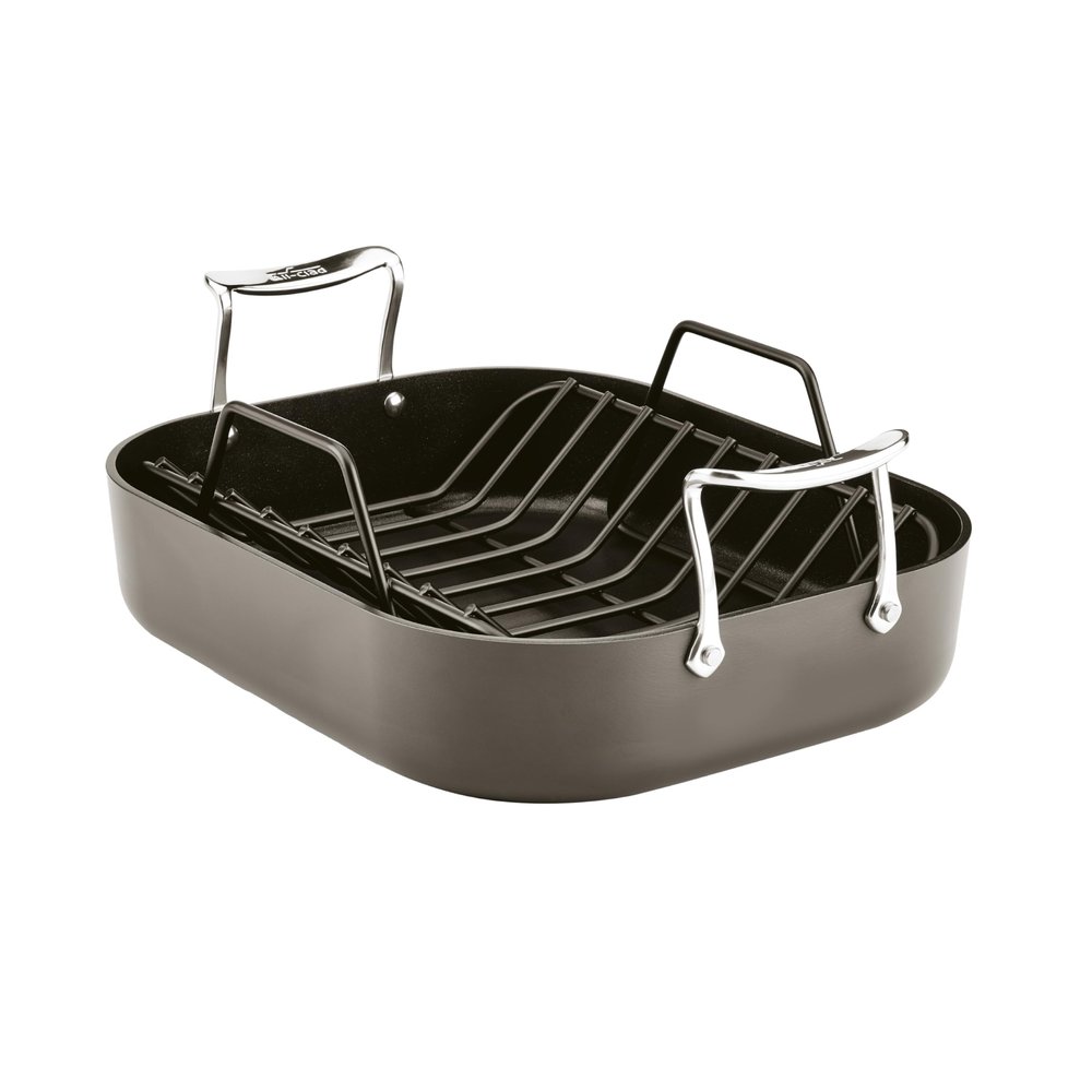 All-Clad Essentials Hard Anodized Nonstick Roaster with Rack 11x14 Inch Oven Broiler Safe 500F Roaster Pan, Pots and Pans, Cookware Black