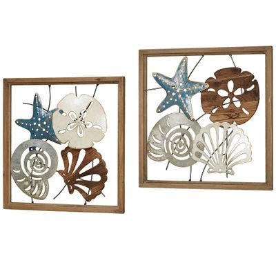 Coastal Medley Seashell Openwork Wall Art Earth Tones 20" square Set of 2