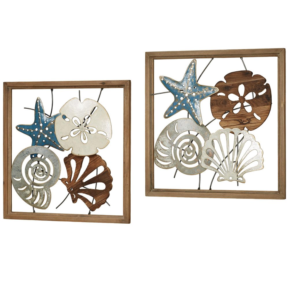 Coastal Medley Seashell Openwork Wall Art Earth Tones 20" square Set of 2