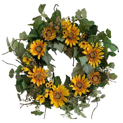 24 Inch Sunflower Wreath with Green Leaves DIY Buffalo Plaid Blossom Floral Wreath on Grapevine Base Summer Front Door Wreath for Festival Celebration Front Door Wall Window Home Farmhouse Decor