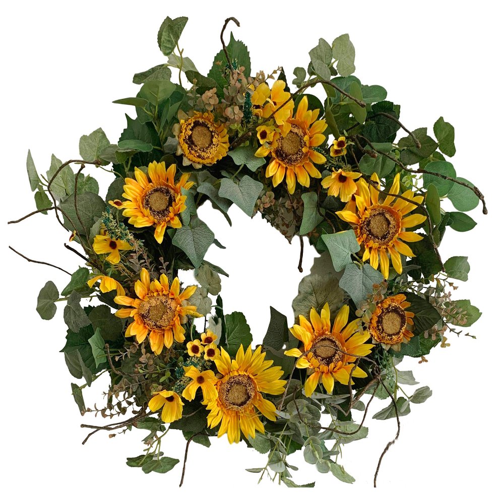 24 Inch Sunflower Wreath with Green Leaves DIY Buffalo Plaid Blossom Floral Wreath on Grapevine Base Summer Front Door Wreath for Festival Celebration Front Door Wall Window Home Farmhouse Decor