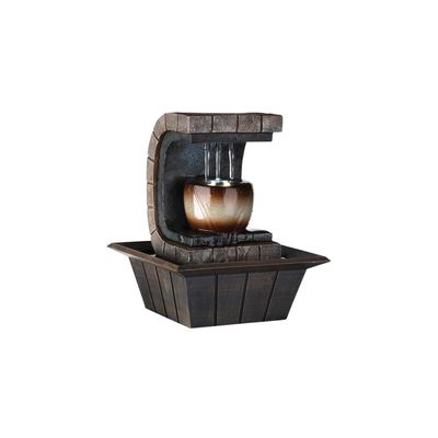 Benjara C Shaped Polyresin Frame Fountain with Tapered Base and LED Lights, Brown