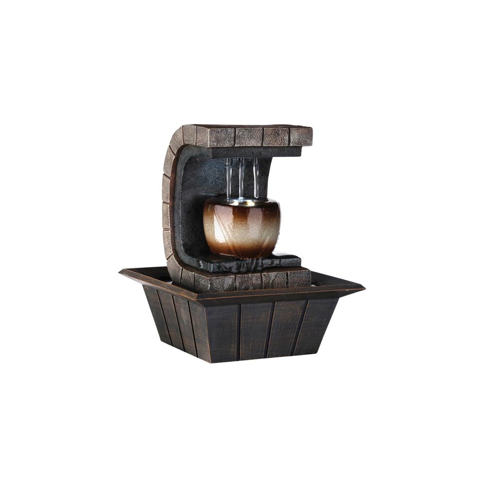 Benjara C Shaped Polyresin Frame Fountain with Tapered Base and LED Lights, Brown