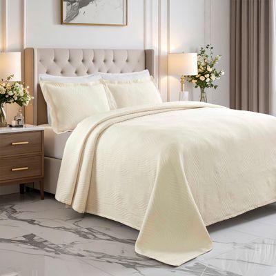Superior Cascade Cotton 3 Piece Bedspread Set, Home Bed Decor, Decorative Textured Bed Spread, 2 Pillow Shams, Airy Blanket, Matelasse Coverlet Bedding, Wave Pattern Design, King, Ivory