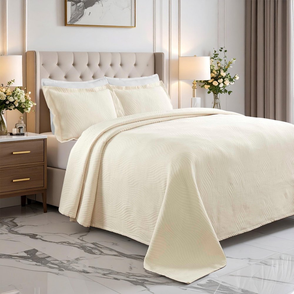 Superior Cascade Cotton 3 Piece Bedspread Set, Home Bed Decor, Decorative Textured Bed Spread, 2 Pillow Shams, Airy Blanket, Matelasse Coverlet Bedding, Wave Pattern Design, King, Ivory