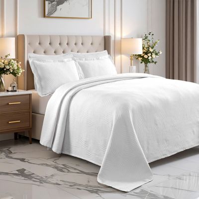 Superior Cascade Cotton 3 Piece Bedspread Set, Home Bed Decor, Decorative Textured Bed Spread, 2 Pillow Shams, Airy Blanket, Matelasse Coverlet Bedding, Wave Pattern Design, Full, White