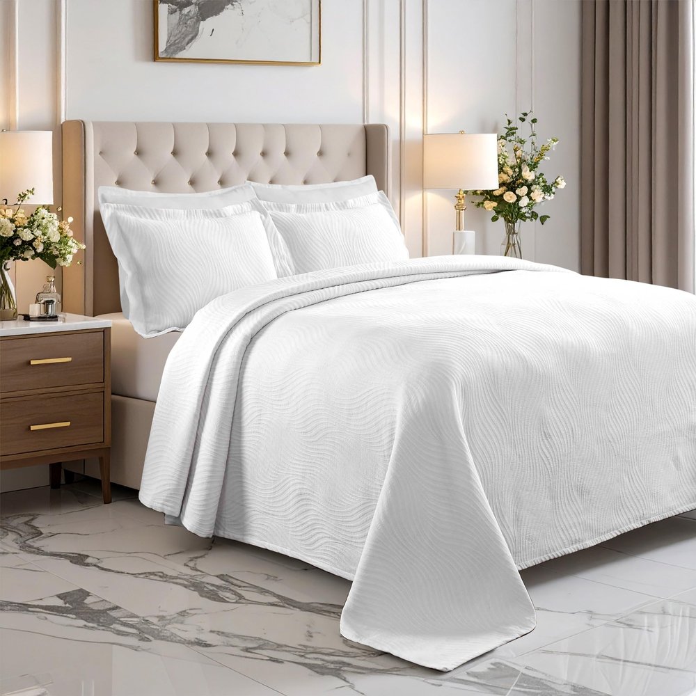 Superior Cascade Cotton 3 Piece Bedspread Set, Home Bed Decor, Decorative Textured Bed Spread, 2 Pillow Shams, Airy Blanket, Matelasse Coverlet Bedding, Wave Pattern Design, Full, White