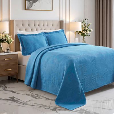 Superior Cascade Cotton 2 Piece Bedspread Set, Home Bed Decor, Decorative Textured Bed Spread, 1 Pillow Sham, Airy Blanket, Matelasse Coverlet Bedding, Wave Pattern Design, Twin, Denim Blue
