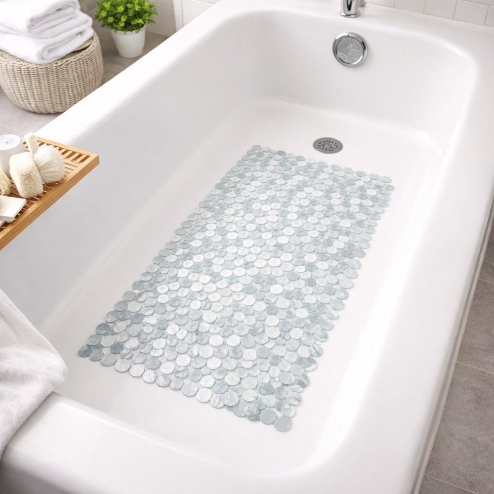BrylaneHome Extra Long Tub Mat with River Stones Design - Clear