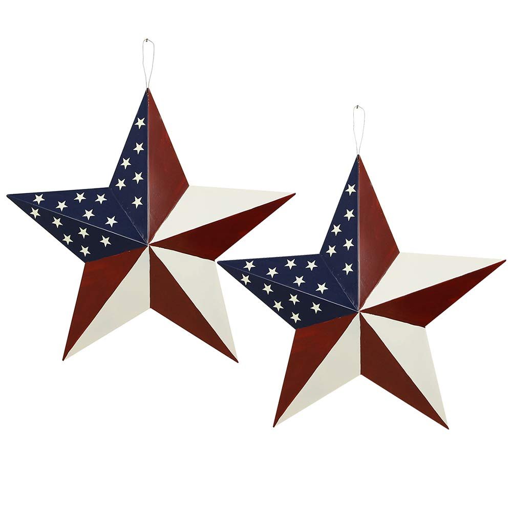 2pcs Patriotic Metal Barn Star Outdoor Indoor Hanging Wall Decor Star Ornaments 4th of July Decoration Country Style (21"-A)