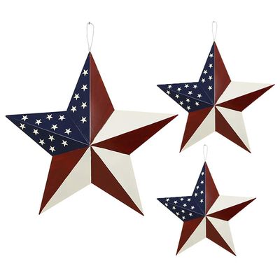 3pcs Patriotic Metal Barn Star Outdoor Indoor Hanging Wall Decor Star Ornaments 4th of July Decoration Country Style (12"&16.5"&21"-A)